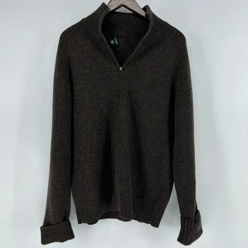 J.Crew 100% Lambswool Full Zip Cardigan Woman's L Brown Chunky Sweater Granny